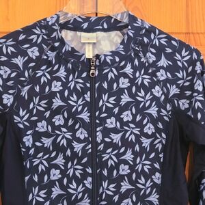 Draper James x Helen Jon Womens Navy Blue Floral Full Zip Rash Guard Swim Top M